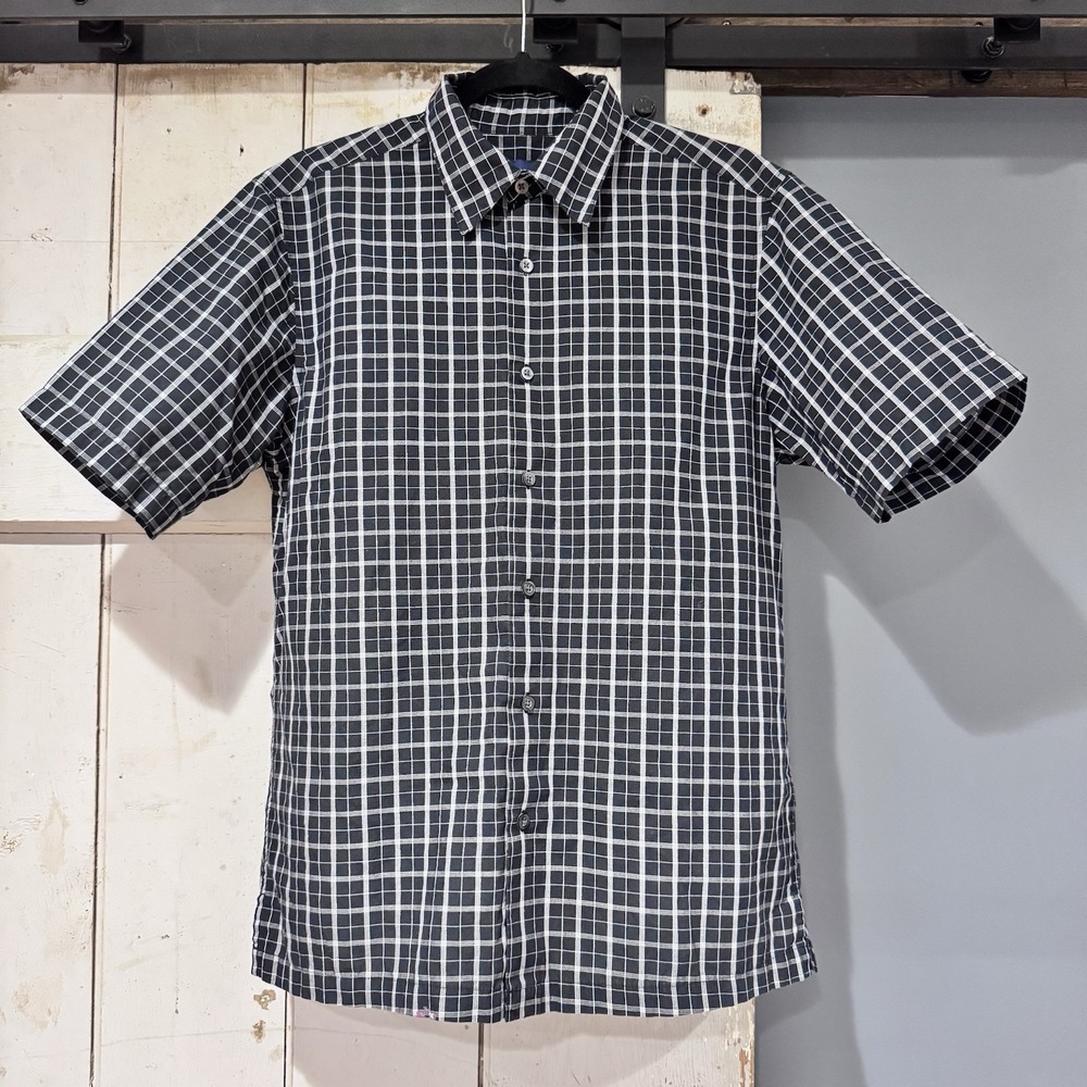 John Ashford SS Button Up Collared Shirt Men's Sm Black Gray Plaid‎